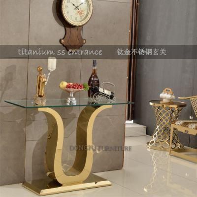 U-Shaped Titanium Stainless Steel Pillar Console Table with Glass Top