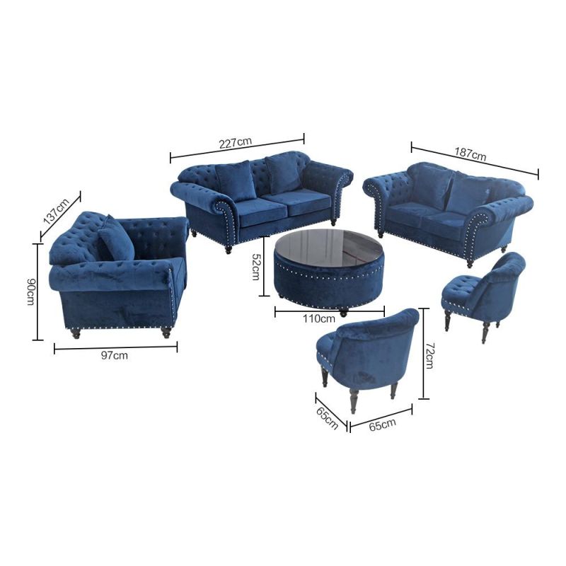 Luxury Home Furniture Modern Fabric Sofa Set Leisure Living Room Velvet Grey Couch with Silver Legs