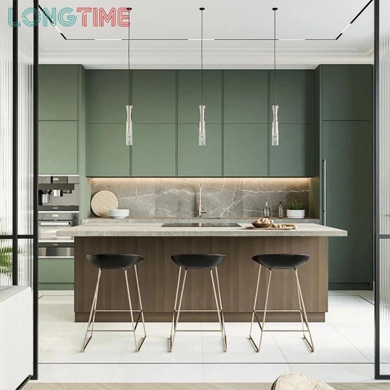 Customized MDF Wood Kitchen Cabinet Modern Matte Green Lacquer Kitchen Cabinet