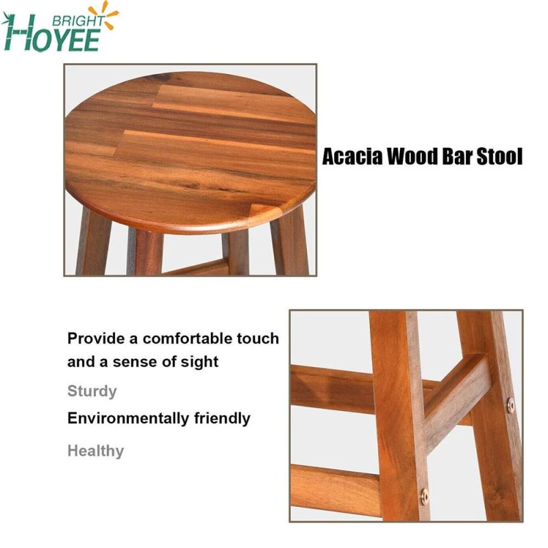 Round Acacia Wood Stool, Bar Stool Solid Wood Chair with Foot Plate, Round Seat with Stable Legs, Ideal for Kitchen, Restaurant, Pub, Bar and Hotel