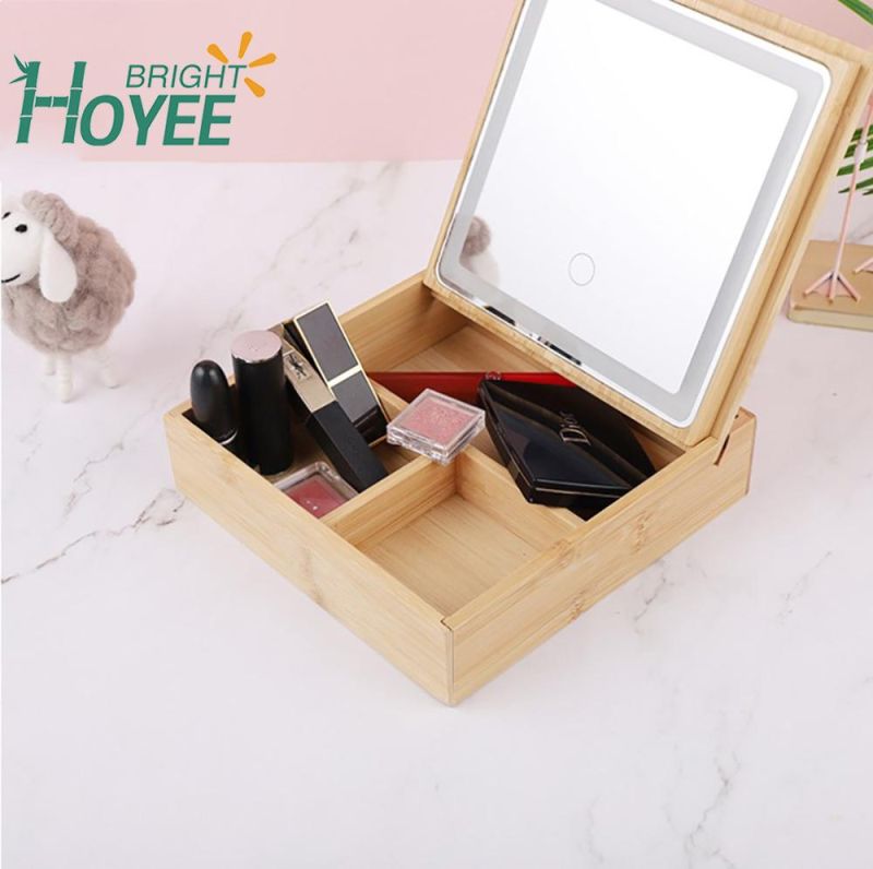 2 in 1 Bamboo Lighted Makeup Mirror with Lights and Storage Desk Mirror Touch Screen