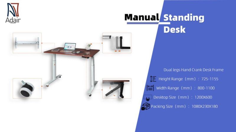 2 Legs Manual Adjustable Height Metal Office Desk Base Hand Crank Sit Stand Table Frame