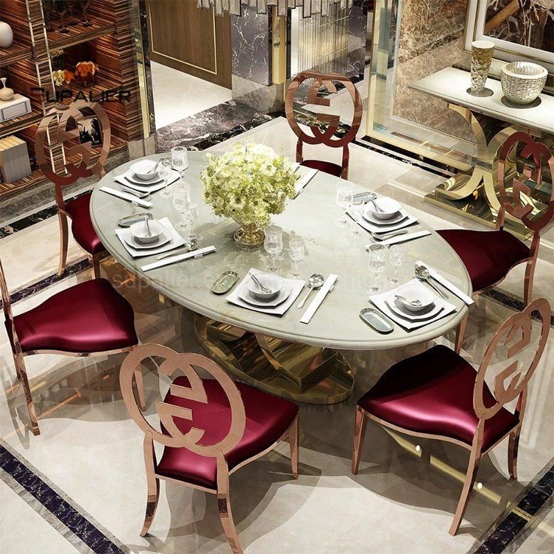 Factory Price Rental Rose Gold Steel Back Red Velvet Dining Chairs