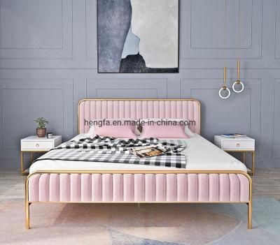 Modern Home Bedroom Furniture Velvet Headboard Metal Double Bed