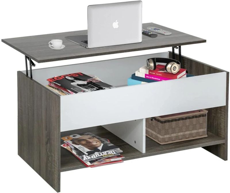 Modern White Wood Lift Top Hidden Compartment and Storage Shelf Coffee Table for Living Room