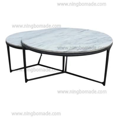 Thaddeus Sculptural Forged Collection Cloud Marble Top Antique Black Solid Forged Metal Base Nest Table