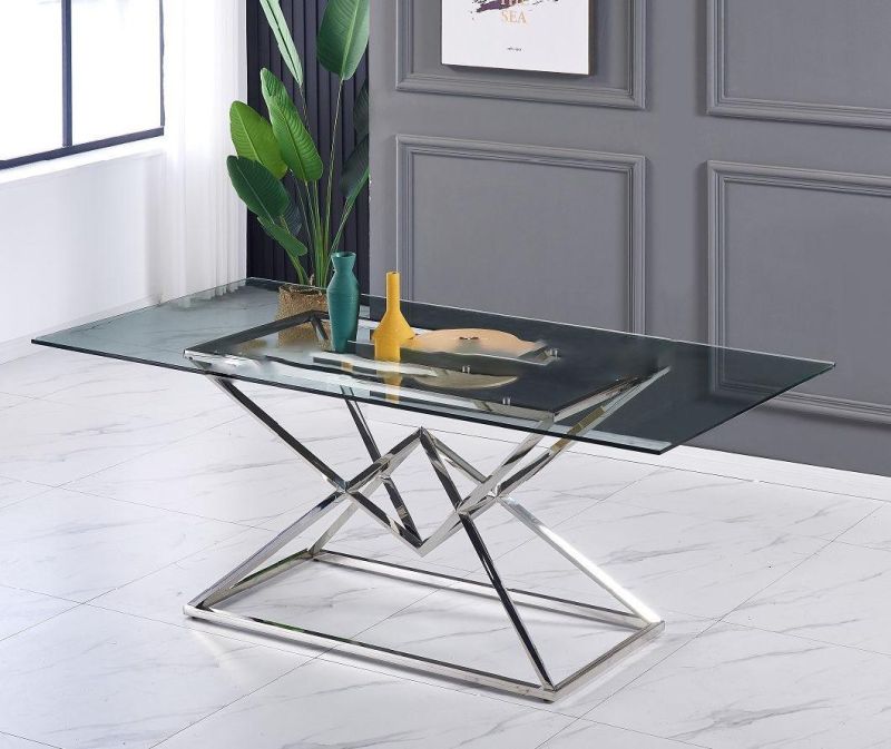 Home Furniture Stainless Steel Base and Glass Top Dining Room Table