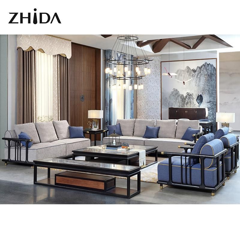 Lobby Living Room High End Wooden Furniture Chinese Modern Design Fabric Sofa Set