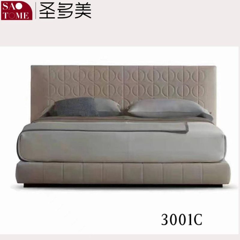 Modern Luxury Hotel Bedroom Furniture off-White Leather Solid Wood Frame Double Bed