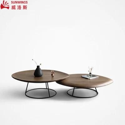 Light and Luxury Metal Leg with Concave and Convex Arc Solid Wood Top Coffee Table for Living Room