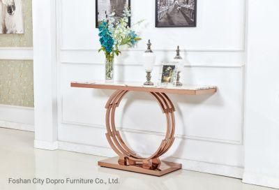 Stainless Steel Rose Gold Laminated Ring Base Post Console Table with Marble Top