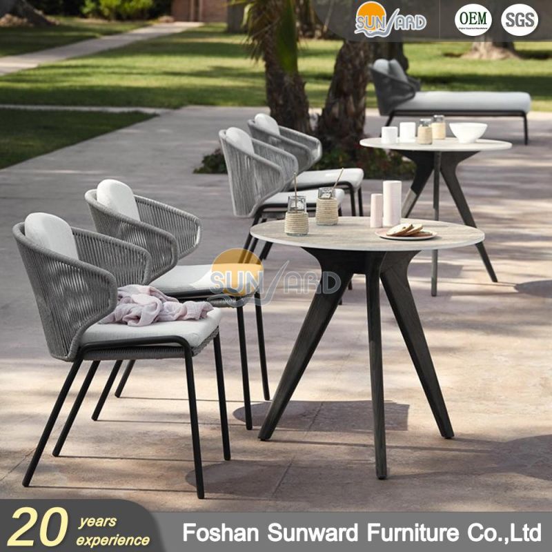 Home Hotel Restaurant Modern Customized Handmade Rattan Wicker Rope Weaving Garden Patio Outdoor Dining Aluminum Table and Chair Furniture