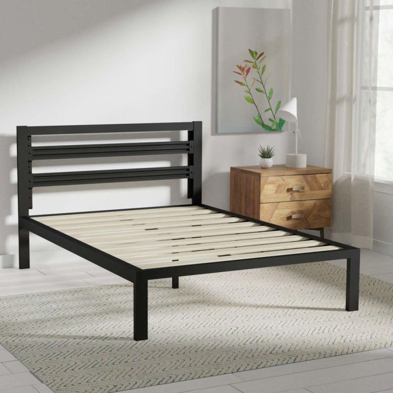 Metal Bed with Modern Industrial Design Headboard - 14 Inch Height for Under-Bed Storage - Wood Slats - Easy Assemble, Full