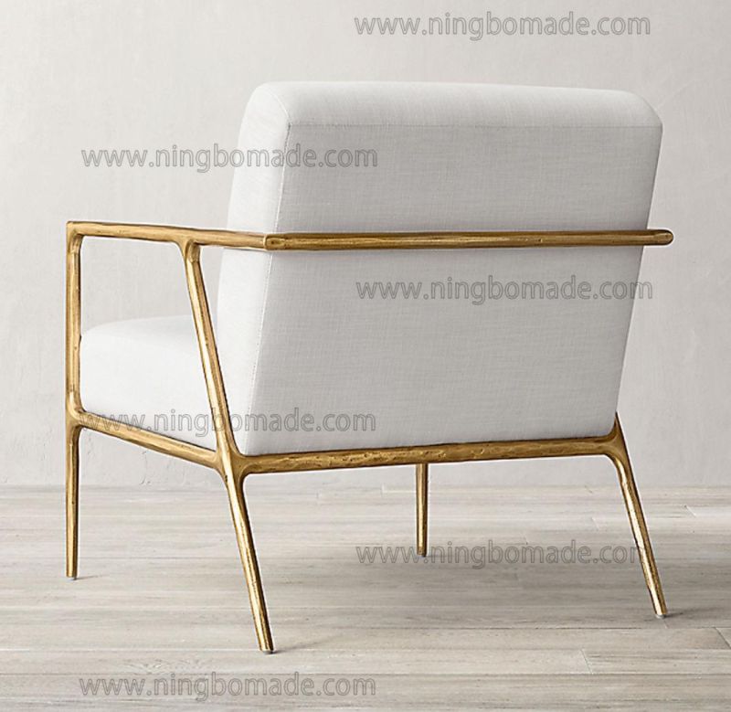 Rustic Hand Hammered Collection Furniture Forged Solid Iron Metal with Brass Color White Linen Arm Sofa