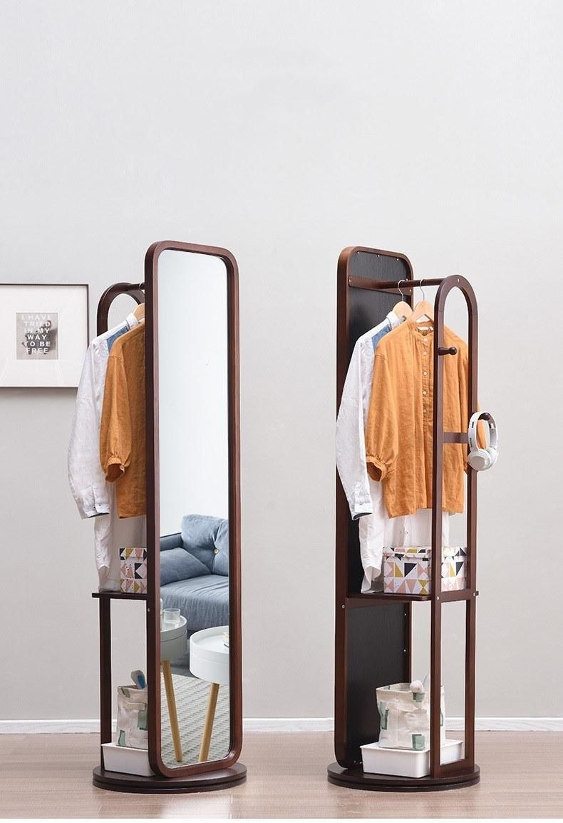 Full-Length Dressing Mirror Bedroom Rotating Floor Mirror Multi-Functional Solid Wood Coat Hanger Furniture