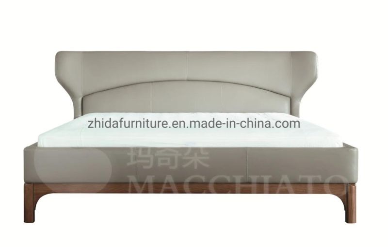 Hotel Design Wing Back Genuine Leather Wooden Legs Bedroom Bed