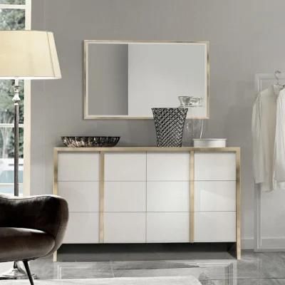 Nova Modern Design Dressing Drawers with Metal Vertical Handles and Golden Frame Mirror