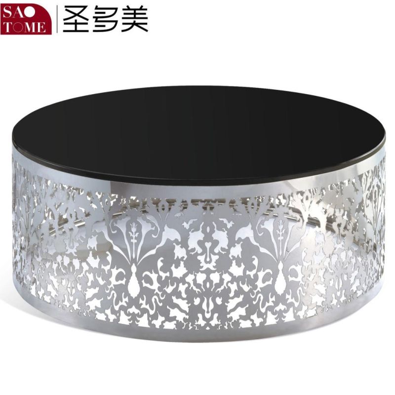 Home Furniture Stainless Steel Lace Round Glass Coffee Table