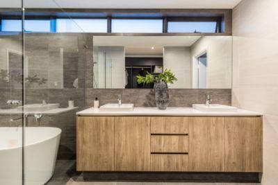 Modern Master Bathroom Powder Room Double Sink Wood Grain Door Vanity