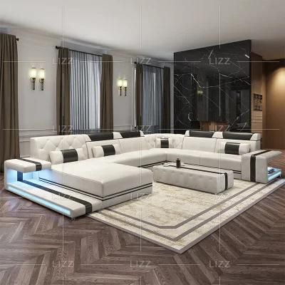 Luxury Italian Nordic Genuine Leather Modular Living Room Sofa Sectional Home Furniture with LED Light