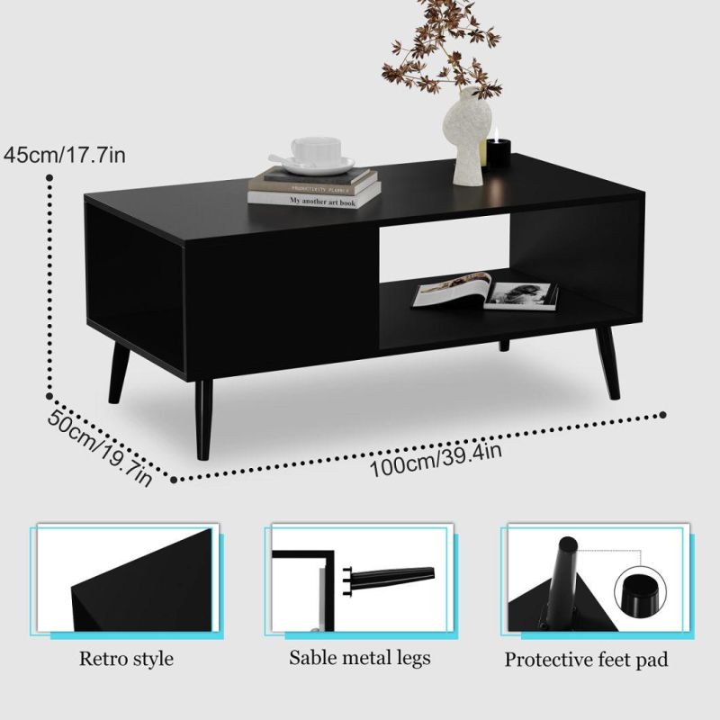 Coffee Table, Wooden MID-Century Accent Table, Industrial Style Cocktail Table with Storage Shelf for Living Room, Reception, White