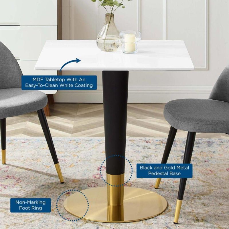 Home Furniture Space Saving White Coating MDF Top and Black Gold Metal Pedestal Base Leg Square Dining Table