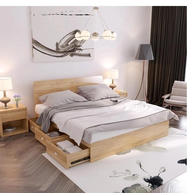 Customized Simple Design Modern Wooden Bed with Night Stand for Bedroom