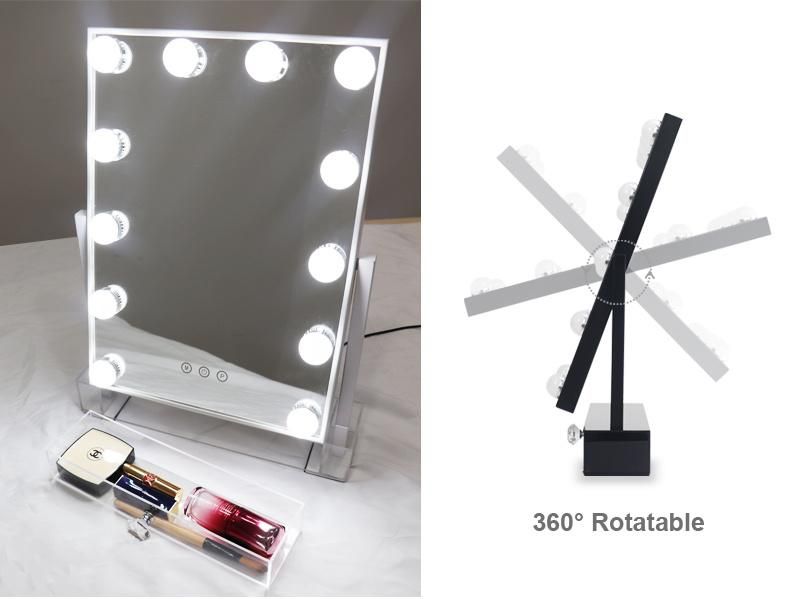 Beauty Salon Furniture Glass Make up LED Table Mirror with Storage