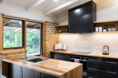 Dark Black Lacquer Recessed Panel Shaker Wooden Waterfall Kitchen Cabinets