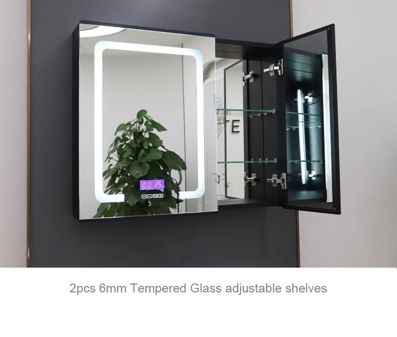 Bathroom Wall-Mounted Defogging Lighted Mirror Cabinet with Clock and Temperature