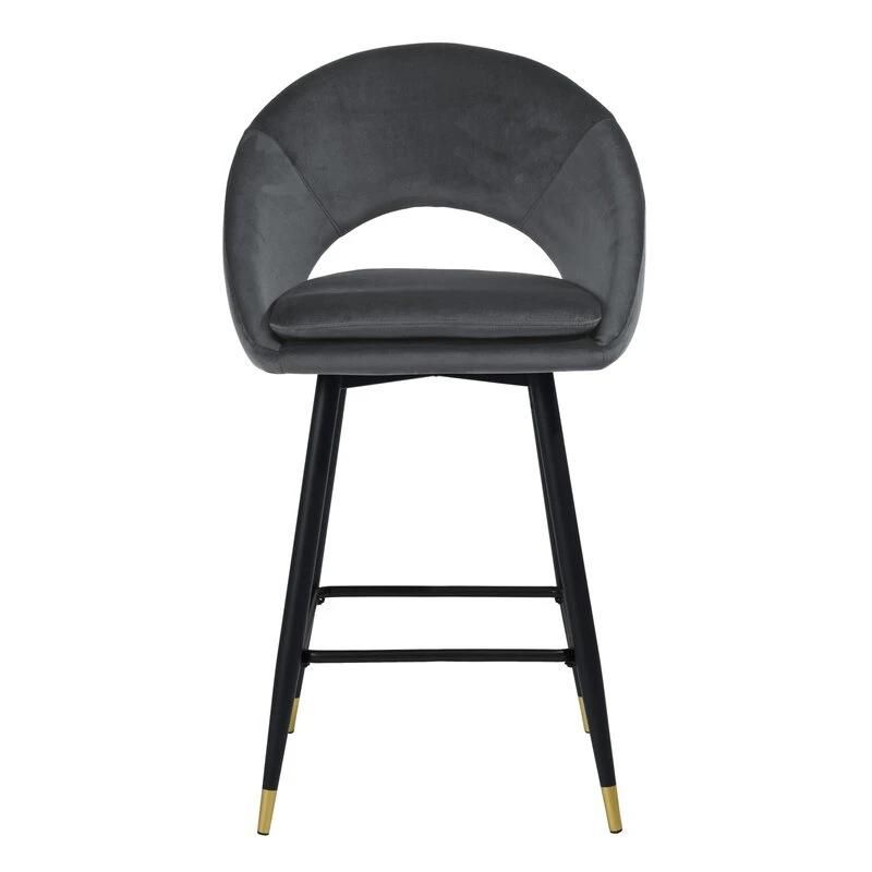 Modern Grey Upholstered Pub Home Kitchen Velvet Fabric Fixed Seat Round High Bar Chair Stool with Back Rest