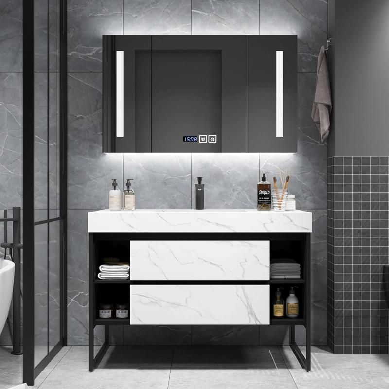 Modern Hot Selling Floor Mounted Plywood with Melamine Cabinet Quartz Table Top Bathroom Vanity From China Suppliers with LED Lighted Mirror Cabinet