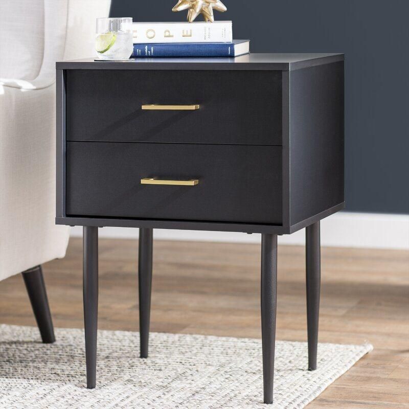 Mirrored Furniture Black Bedside Table Wooden 2 Drawer Nightstand End Table Bedroom Furniture with Metal Handle