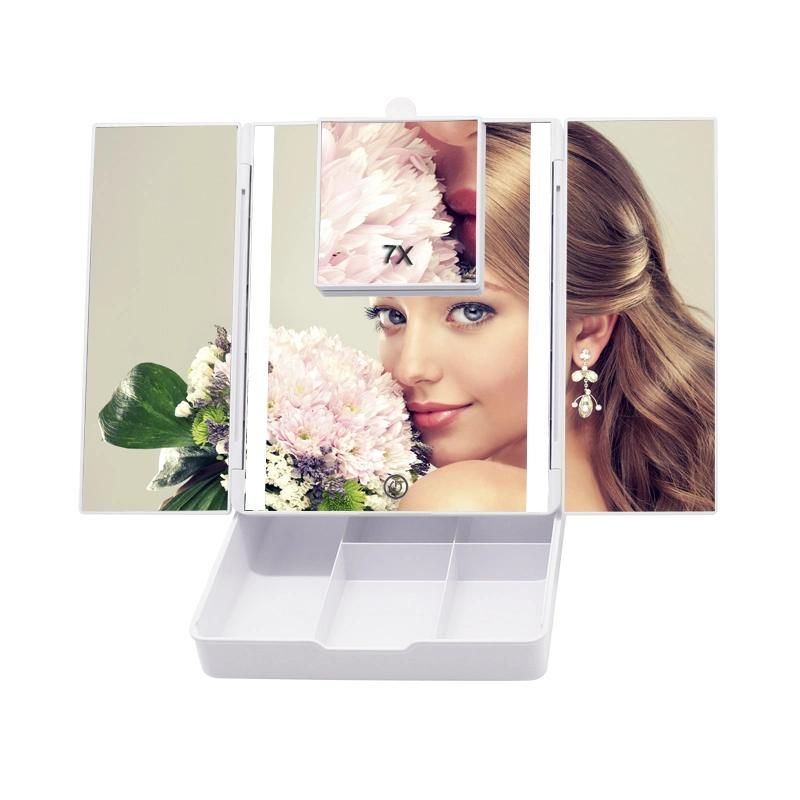 Travel Cosmetic Vanity Tabletop Storage Mirror with Makeup LED Light