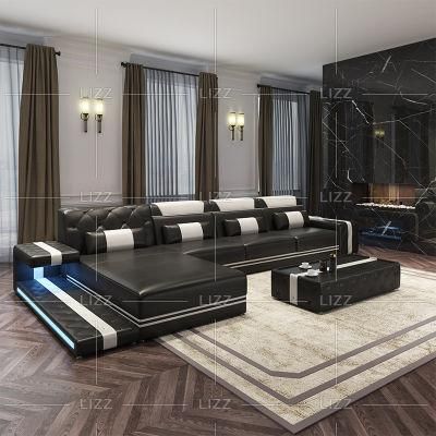 Blacck L Shape Modern Living Room Functional LED Geniue Leather Sofa Set with Storage &amp; Good Quality