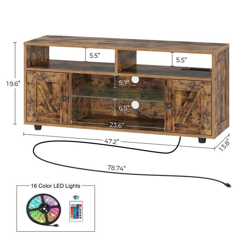 TV Stand with Power Outlet and LED Light, Entertainment Stand with Storage Barn Door Cabinets and Glass Shelf for 43/50/55/60/in TV, 47” Rustic Brown