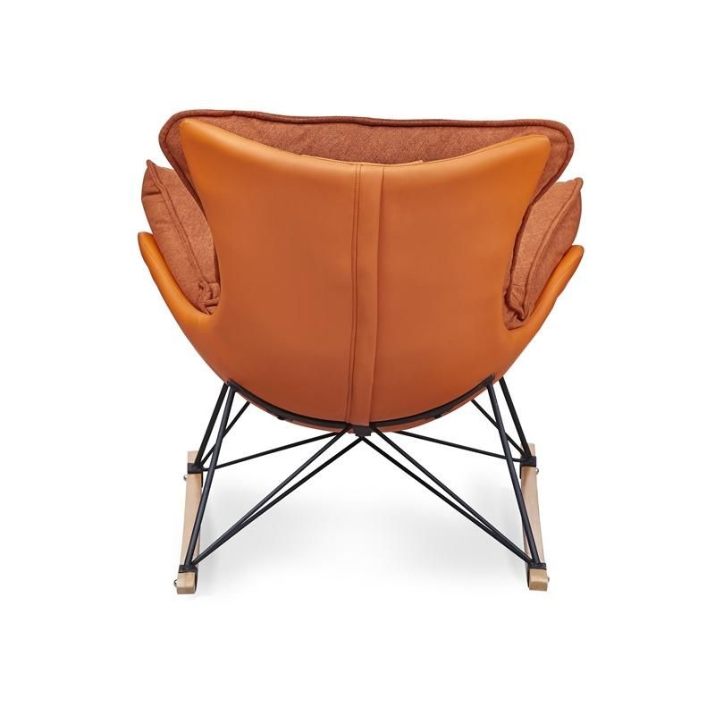 Modern Living Room Furniture Orange Grey Leisure Chair Soft Cushion Leather Fabric Rocking Chair with Footrest Wood Base