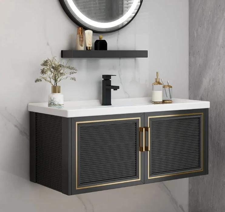 Modern 39" Floating Black Bathroom Vanity Stone Top Wall Mounted Bathroom Cabinet