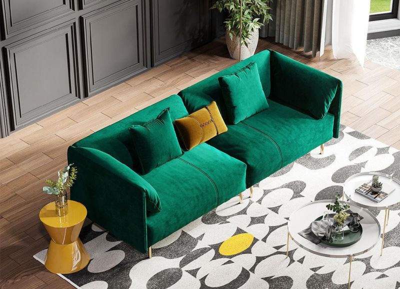 Luxury Modern Lounge Muebles Furniture Tufed Upholstered Green Fabric 2 Seaters Living Room Sofas with Golden Legs