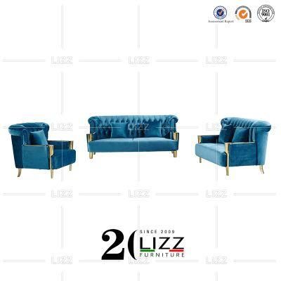 European Popular Sectional Home Furniture Modern Metal Decor Velvet Fabric Sofa Set