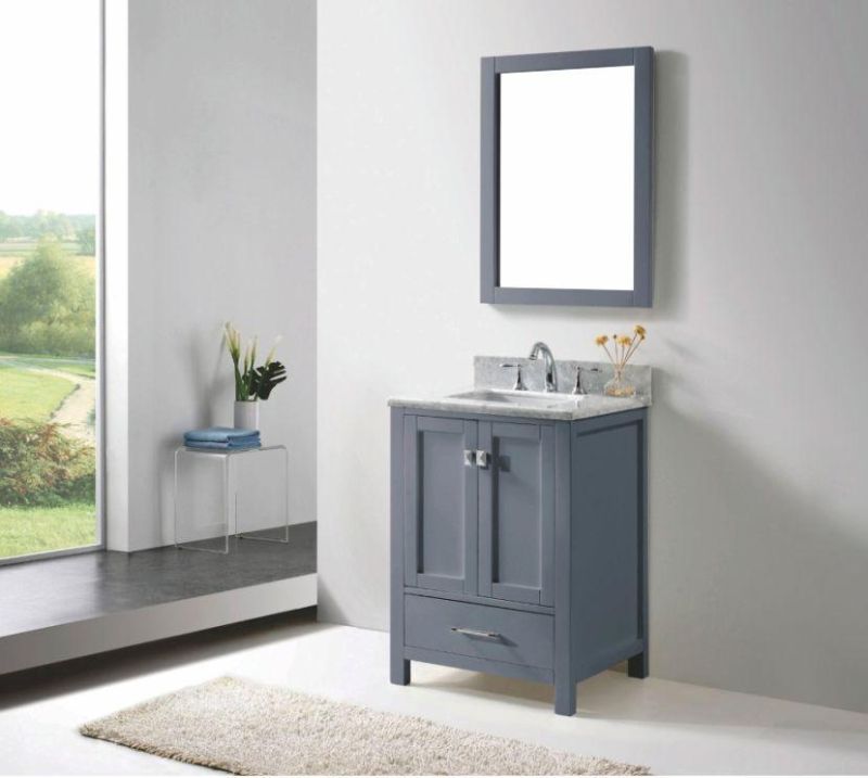 High Quality Single Gray Oak Solid Wood Bathroom Dresser Vanity Cabinet with Marble Countertop