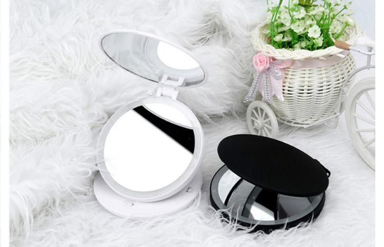 2 Face Round Mini Cosmetic Foldable LED Lighted Compact Pocket Mirrors