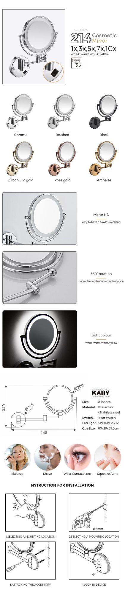 Kaiiy Boat Switch LED Cosmetic Mirror 2face Modern Bathroom Makeup Mirror for Wall Mounted Accessories