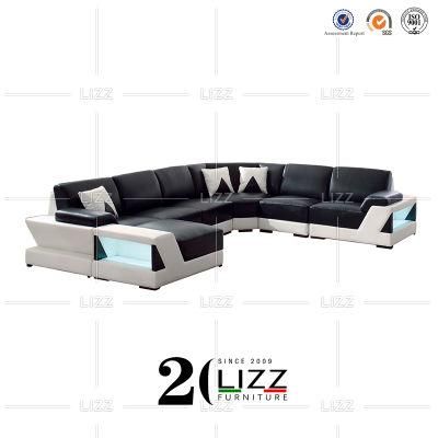 China Factory High End Modern U Shape Italian PU Leather Living Room Furniture Sofa with LED Light