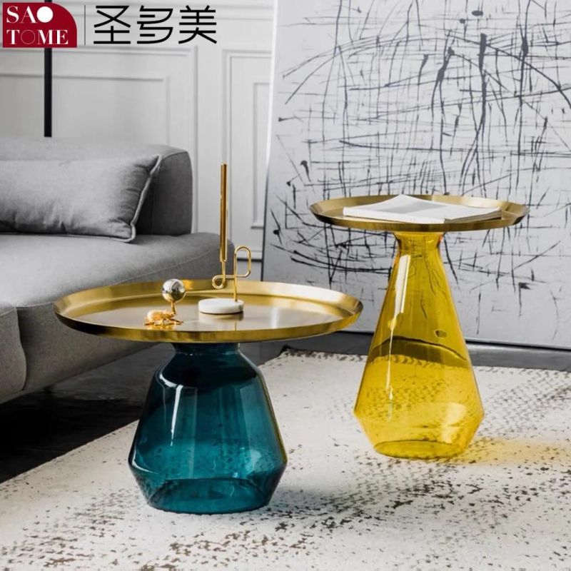 Modern Living Room Furniture Black Gold Wrought Iron Tray, Hand-Blown Wax Molding Glass Bottle Coffee Table