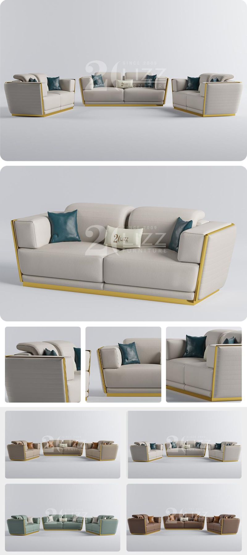 Luxury Contemporary Style Sectional Home Furniture Italian Design Living Room Gold Metal Frame Genuine Leather Sofa