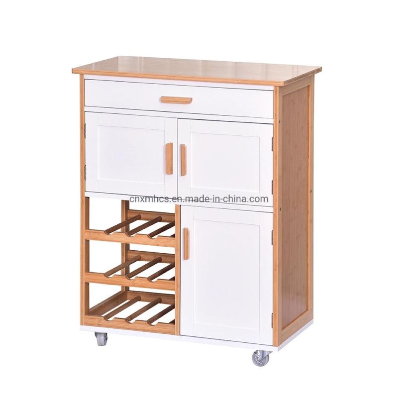 Bamboo Wooden Rolling Trolley Modern Kitchen Islands Cart Kitchen Cabinet with Wine Rack & Wheels Wood Products Household Storage Rack