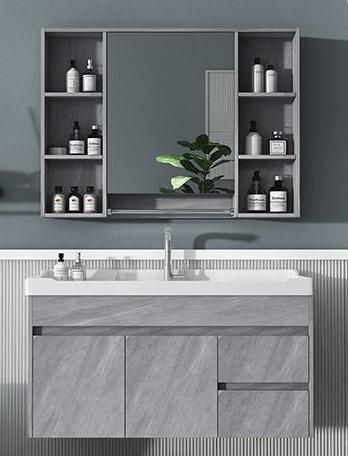 Wood Grain Big Storage Modern Mirror Bathroom Cabinet