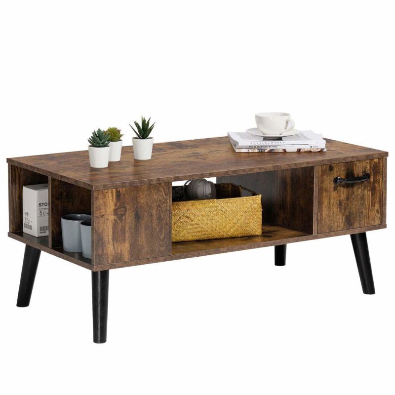 Retro Coffee Table with Storage, MID Century Coffee Tables for Living Room, Modern Wood Look Coffee Table with Open Storage Shelf and Drawer for Home