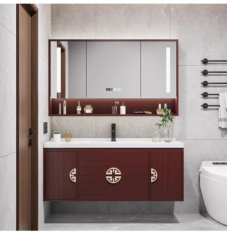 Classic Red Color Wall Mounted Double Sink Ceramic Wash Basin Sink Bathroom Furniture LED Mirror Cabinet Wood Vanity Cabinet with Ceramic Sink